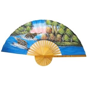 Huge Handpainted fan Large Asian Elephant waterfall Art 40" wide